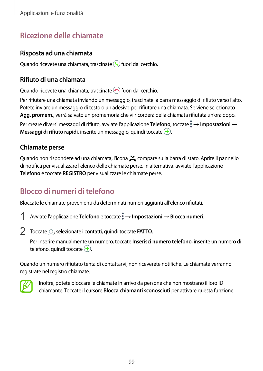 Samsung SM-N950FZDATUR Ricezione delle chiamate, Blocco di numeri di telefono, Risposta ad una chiamata, Chiamate perse 