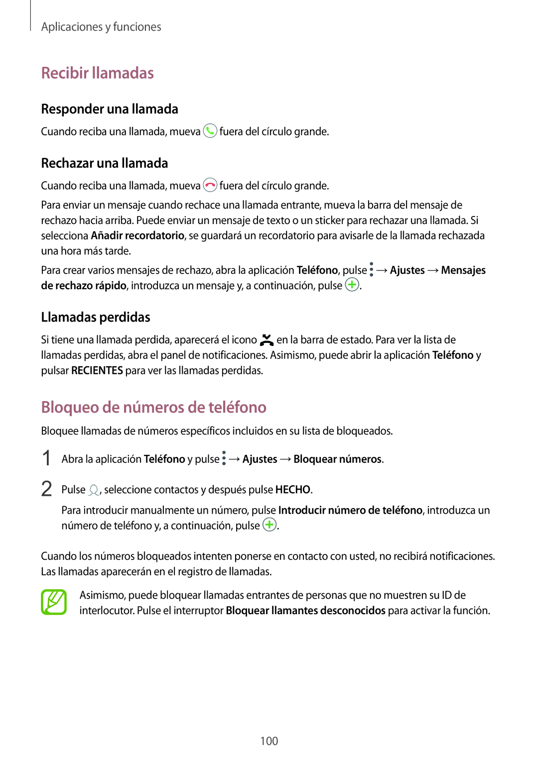 Samsung SM-N950FZKDPHE manual Recibir llamadas, Bloqueo de números de teléfono, Responder una llamada, Rechazar una llamada 