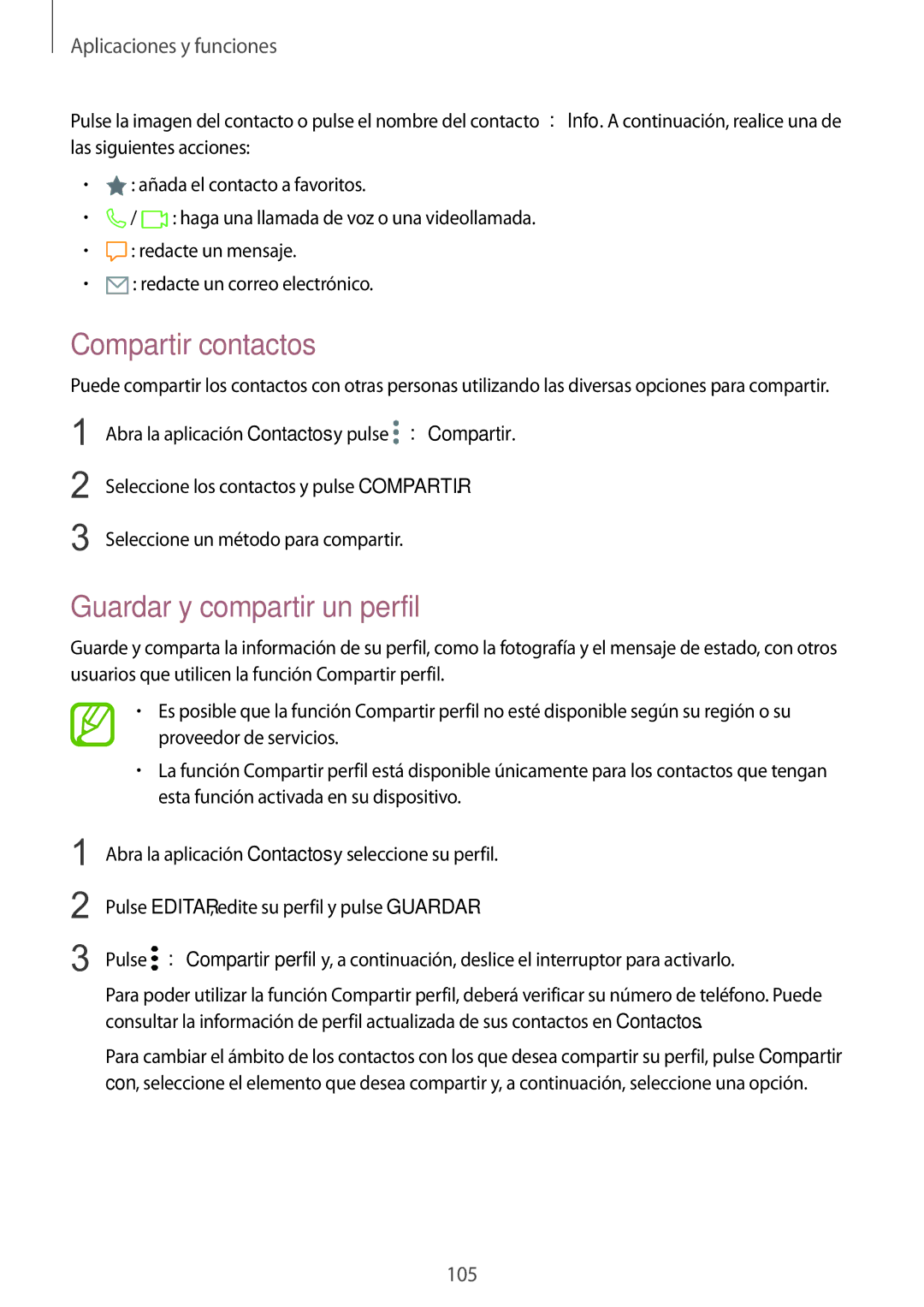 Samsung SM-N950FZDDPHE, SM-N950FZKDPHE, SM-N950FZKAPHE, SM-N950FZDAPHE Compartir contactos, Guardar y compartir un perfil 