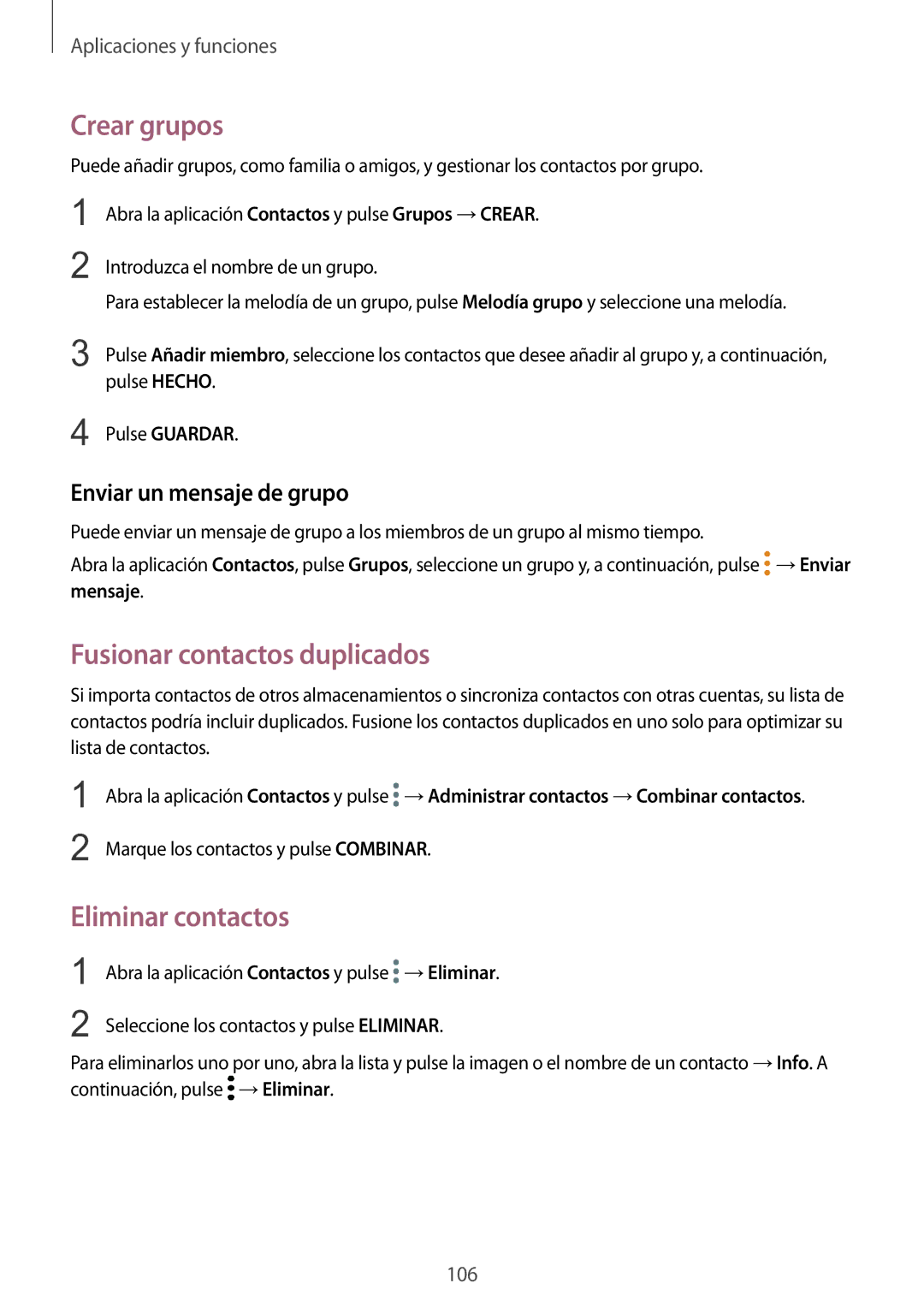 Samsung SM-N950FZKAPHE manual Crear grupos, Fusionar contactos duplicados, Eliminar contactos, Enviar un mensaje de grupo 