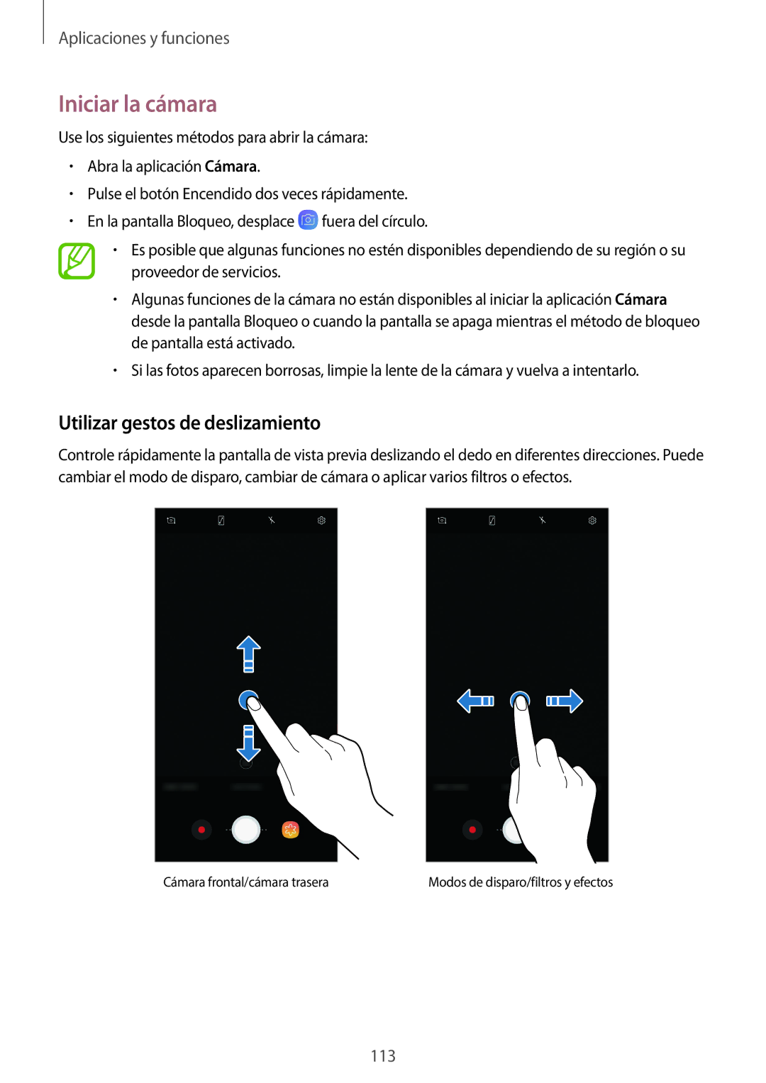 Samsung SM-N950FZDDPHE, SM-N950FZKDPHE, SM-N950FZKAPHE, SM-N950FZDAPHE Iniciar la cámara, Utilizar gestos de deslizamiento 