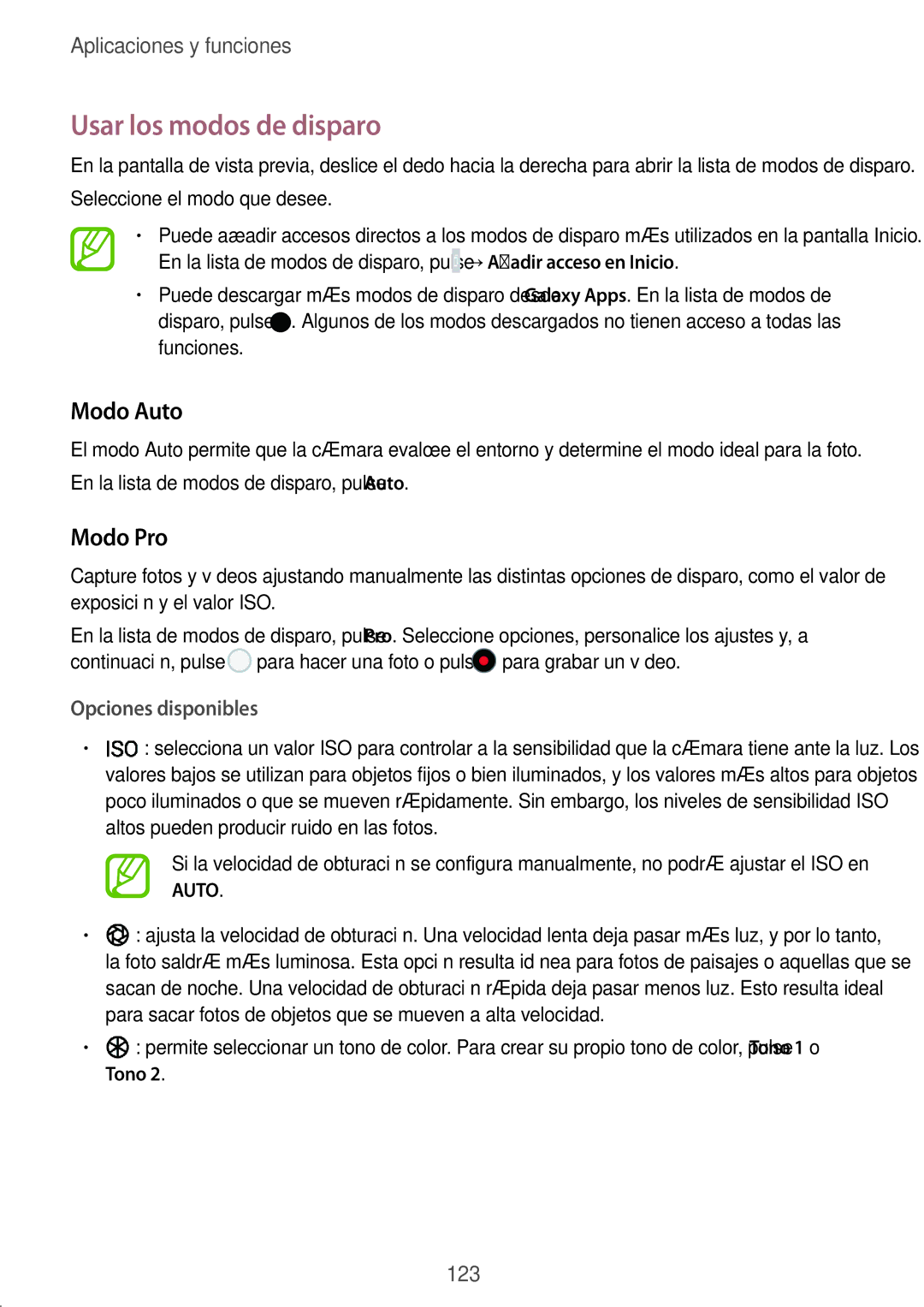 Samsung SM-N950FZDAPHE, SM-N950FZKDPHE, SM-N950FZDDPHE Usar los modos de disparo, Modo Auto, Modo Pro, Opciones disponibles 