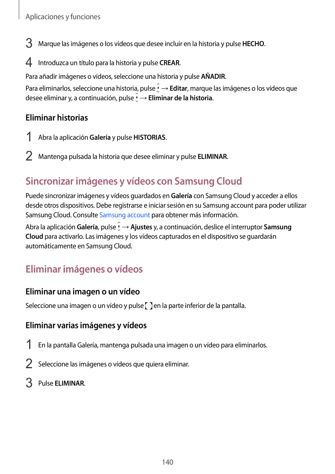 Samsung SM-N950FZKDPHE Sincronizar imágenes y vídeos con Samsung Cloud, Eliminar imágenes o vídeos, Eliminar historias 