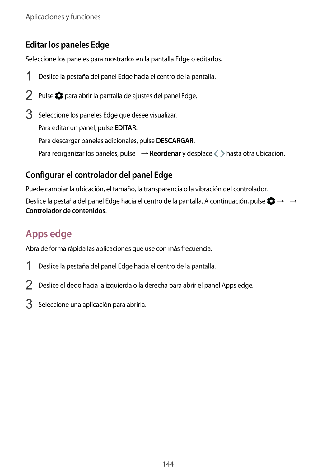 Samsung SM-N950FZKDPHE, SM-N950FZDDPHE manual Apps edge, Editar los paneles Edge, Configurar el controlador del panel Edge 