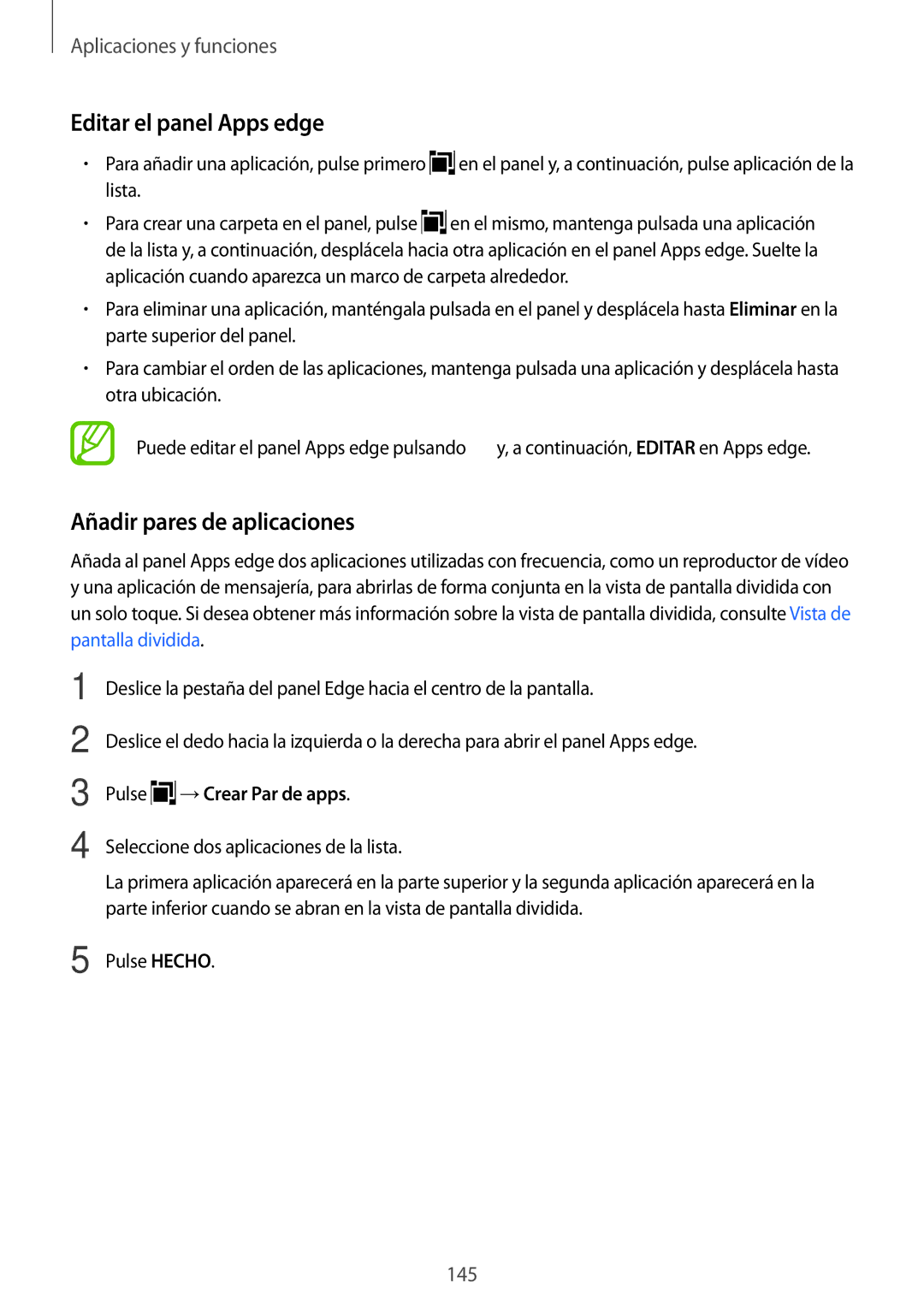 Samsung SM-N950FZDDPHE, SM-N950FZKDPHE Editar el panel Apps edge, Añadir pares de aplicaciones, Pulse →Crear Par de apps 