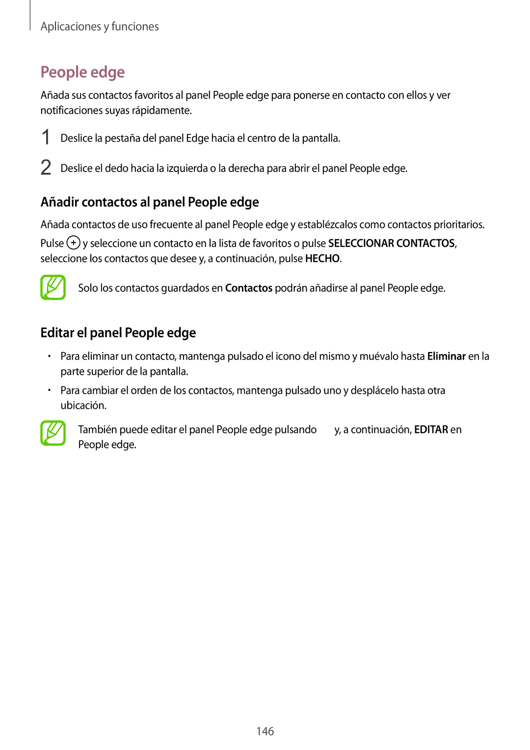 Samsung SM-N950FZKAPHE, SM-N950FZKDPHE manual Añadir contactos al panel People edge, Editar el panel People edge 