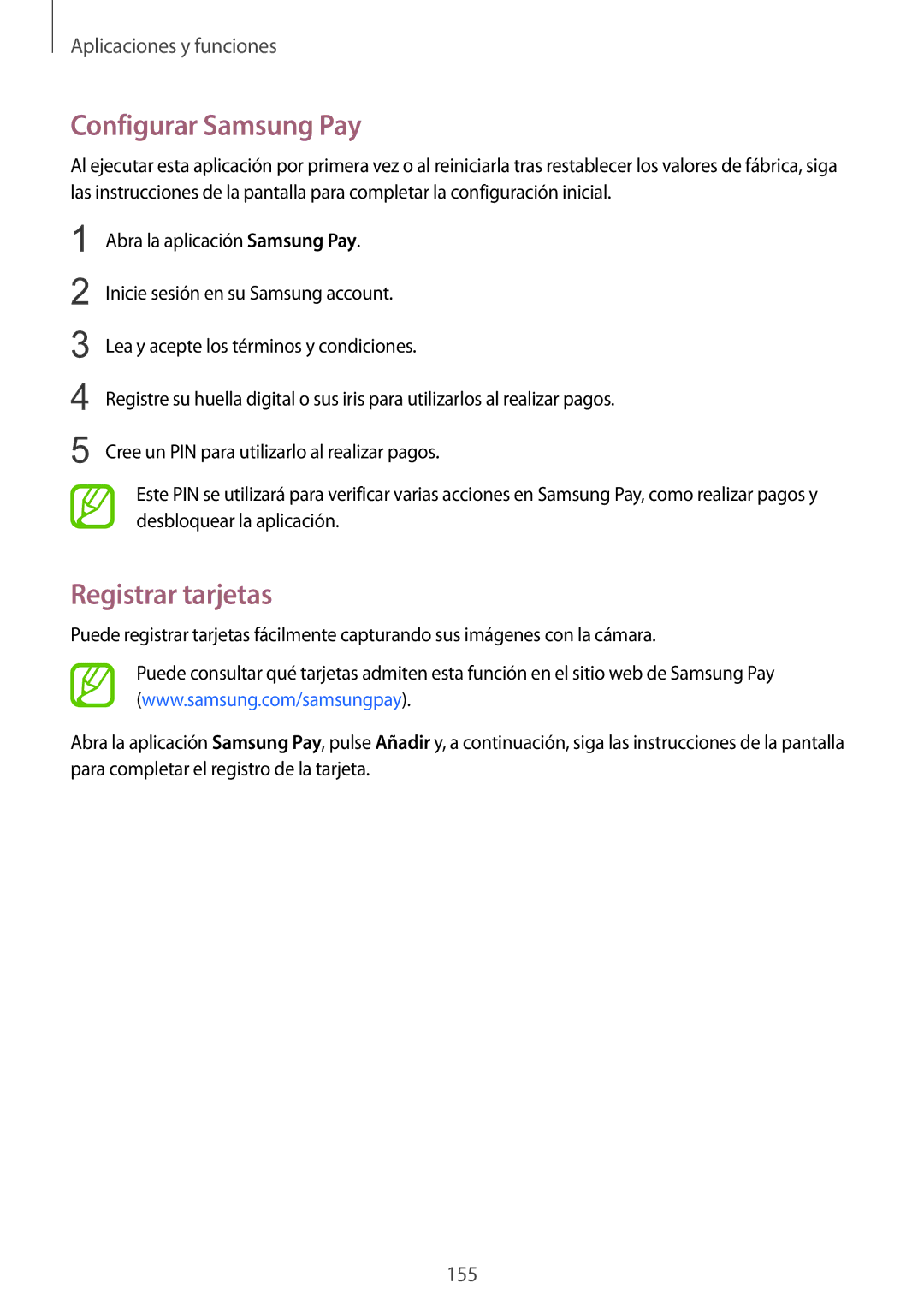 Samsung SM-N950FZDAPHE, SM-N950FZKDPHE, SM-N950FZDDPHE, SM-N950FZKAPHE manual Configurar Samsung Pay, Registrar tarjetas 