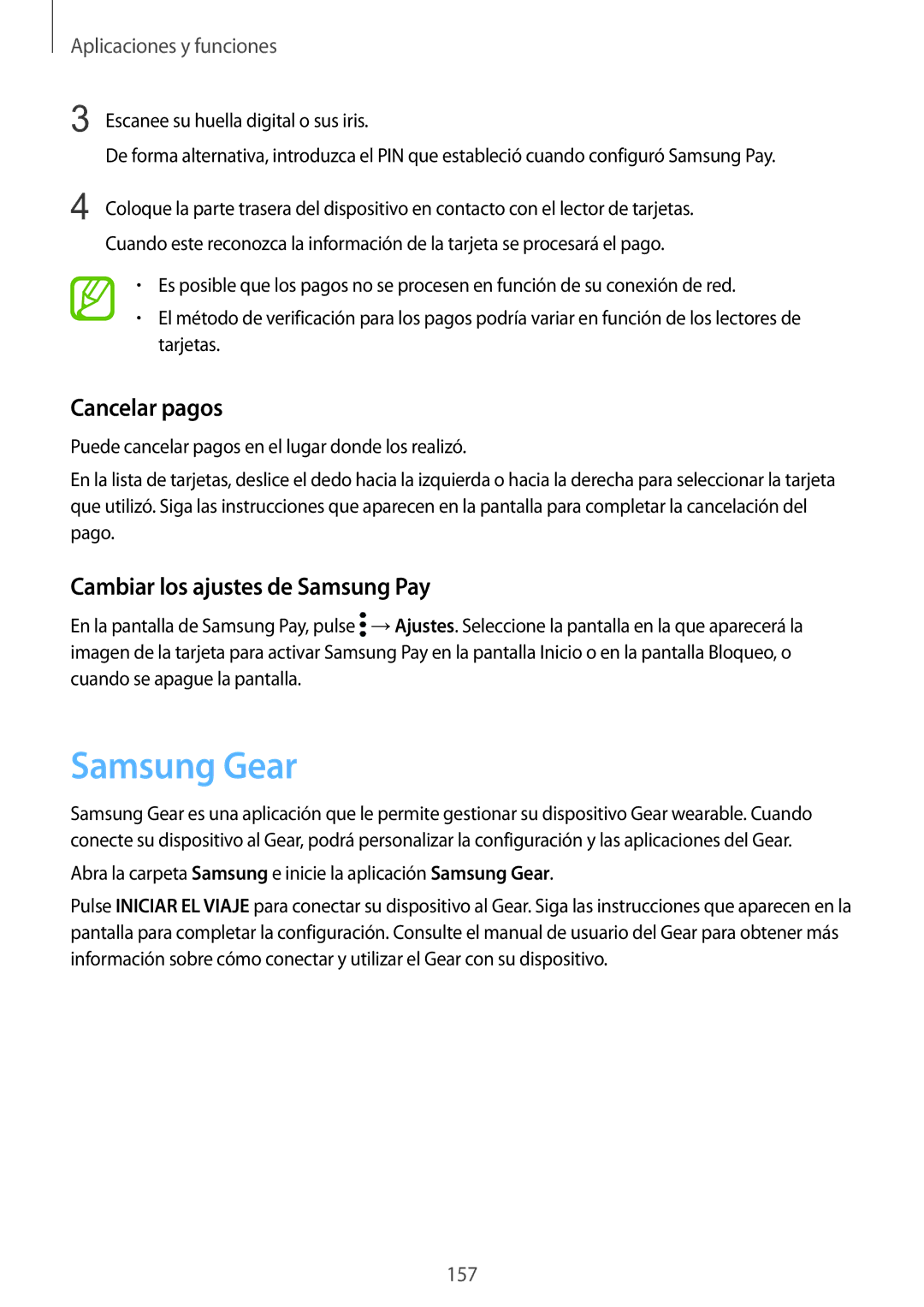 Samsung SM-N950FZDDPHE, SM-N950FZKDPHE, SM-N950FZKAPHE Samsung Gear, Cancelar pagos, Cambiar los ajustes de Samsung Pay 