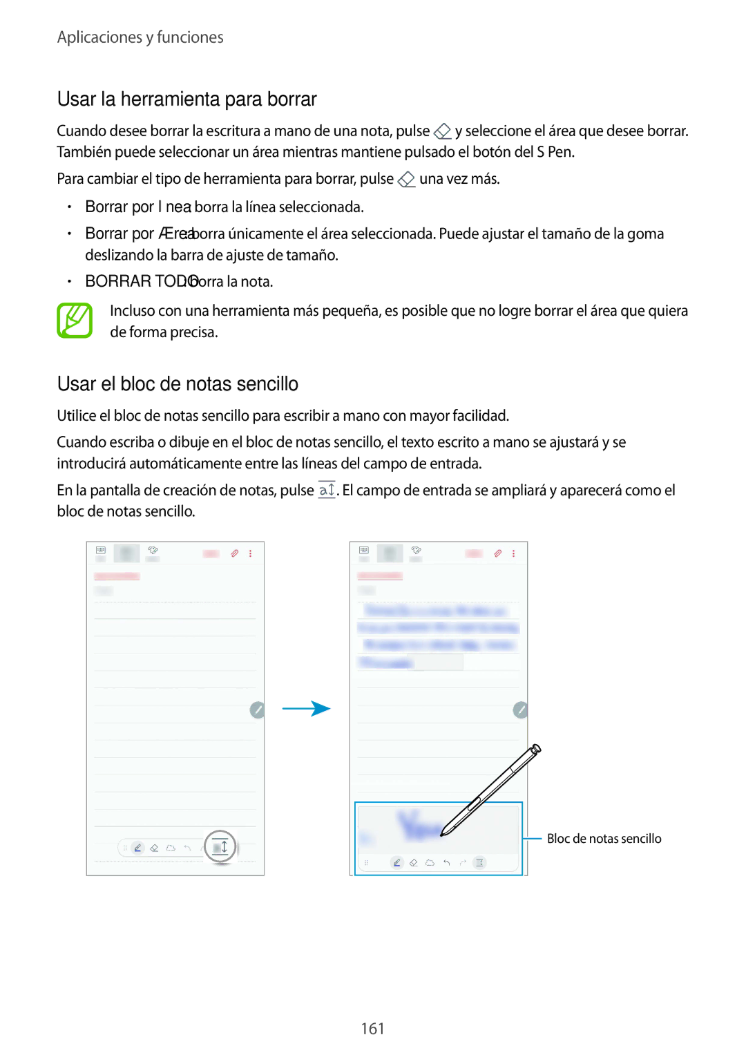 Samsung SM-N950FZDDPHE, SM-N950FZKDPHE, SM-N950FZKAPHE manual Usar la herramienta para borrar, Usar el bloc de notas sencillo 