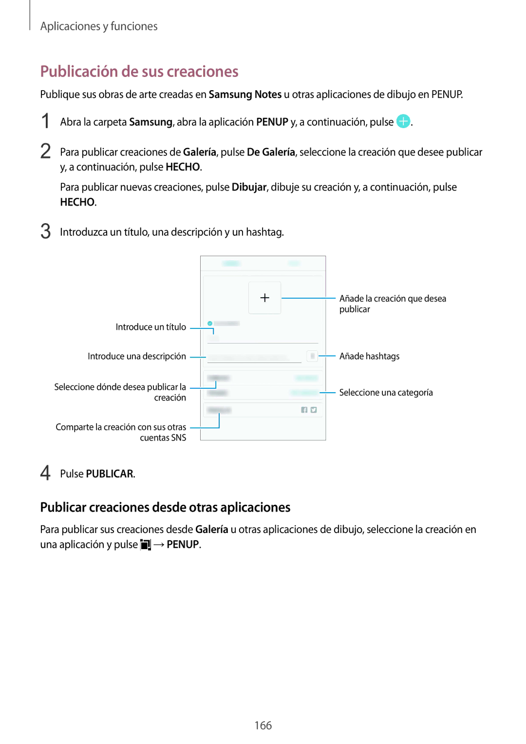 Samsung SM-N950FZKAPHE manual Publicación de sus creaciones, Publicar creaciones desde otras aplicaciones, Pulse Publicar 