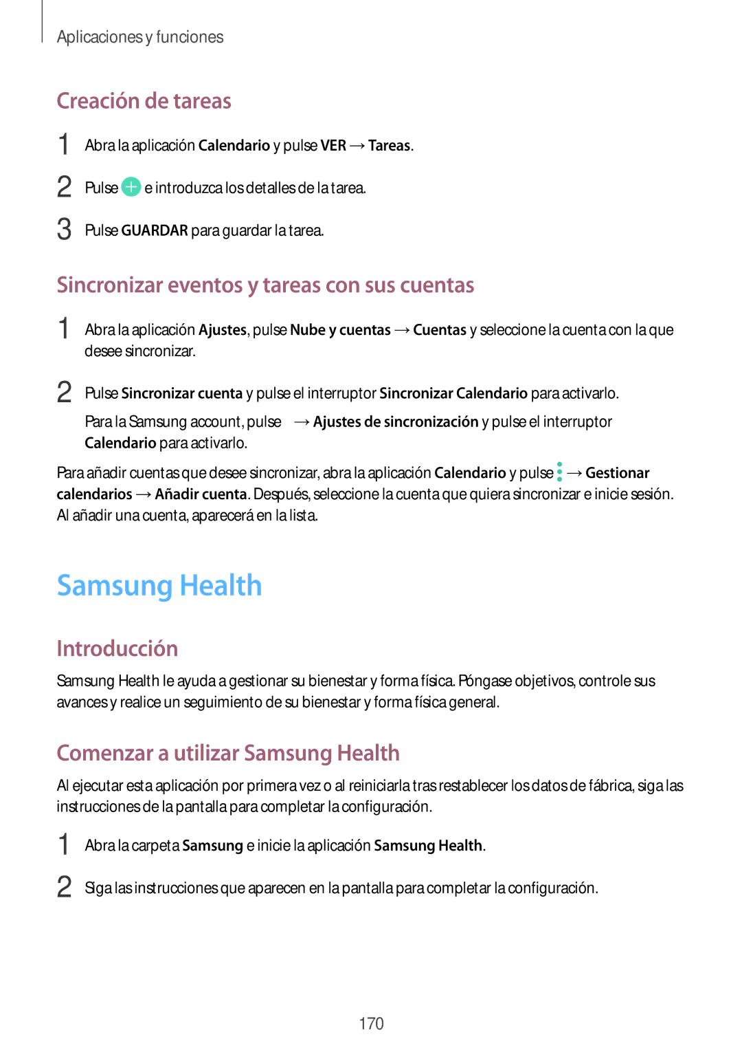 Samsung SM-N950FZKAPHE, SM-N950FZKDPHE Samsung Health, Creación de tareas, Sincronizar eventos y tareas con sus cuentas 