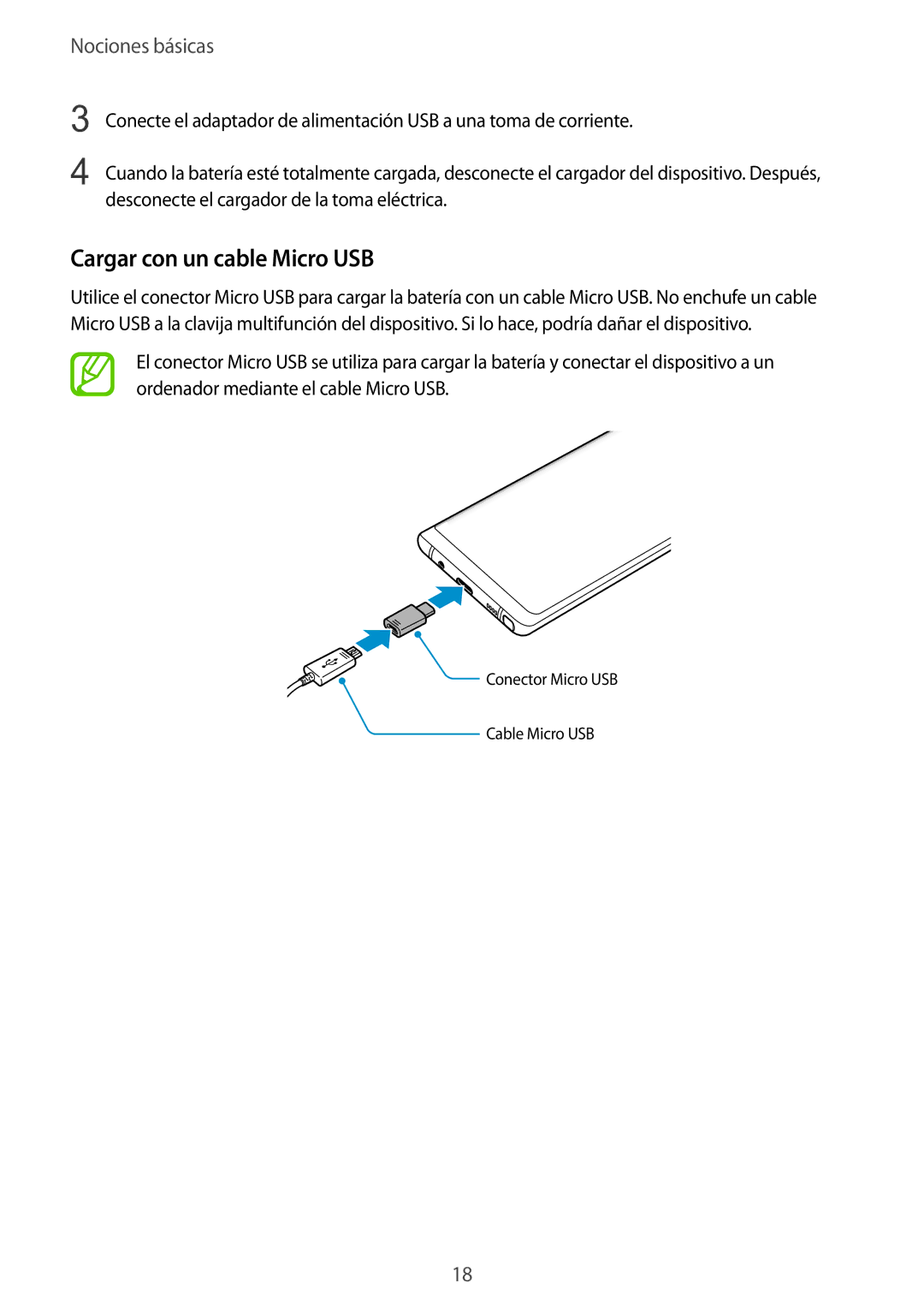 Samsung SM-N950FZKAPHE, SM-N950FZKDPHE, SM-N950FZDDPHE, SM-N950FZDAPHE manual Cargar con un cable Micro USB 