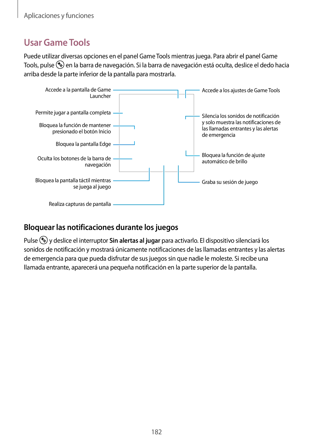 Samsung SM-N950FZKAPHE, SM-N950FZKDPHE, SM-N950FZDDPHE manual Usar Game Tools, Bloquear las notificaciones durante los juegos 