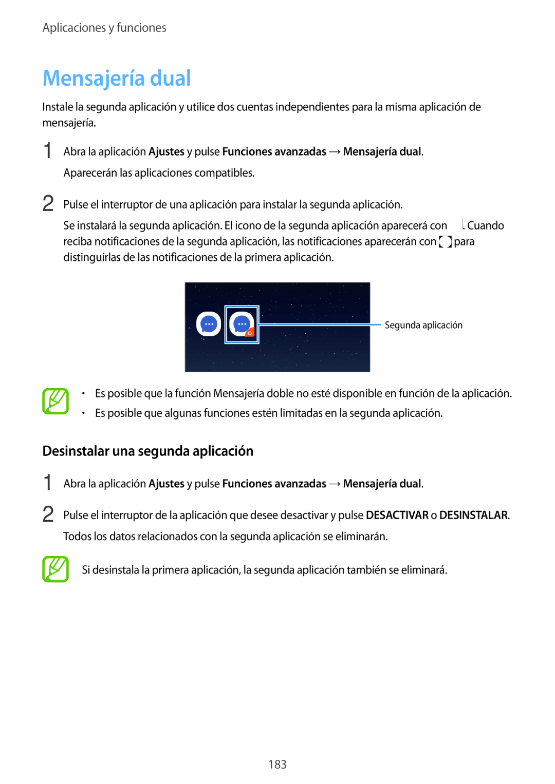 Samsung SM-N950FZDAPHE, SM-N950FZKDPHE, SM-N950FZDDPHE, SM-N950FZKAPHE Mensajería dual, Desinstalar una segunda aplicación 