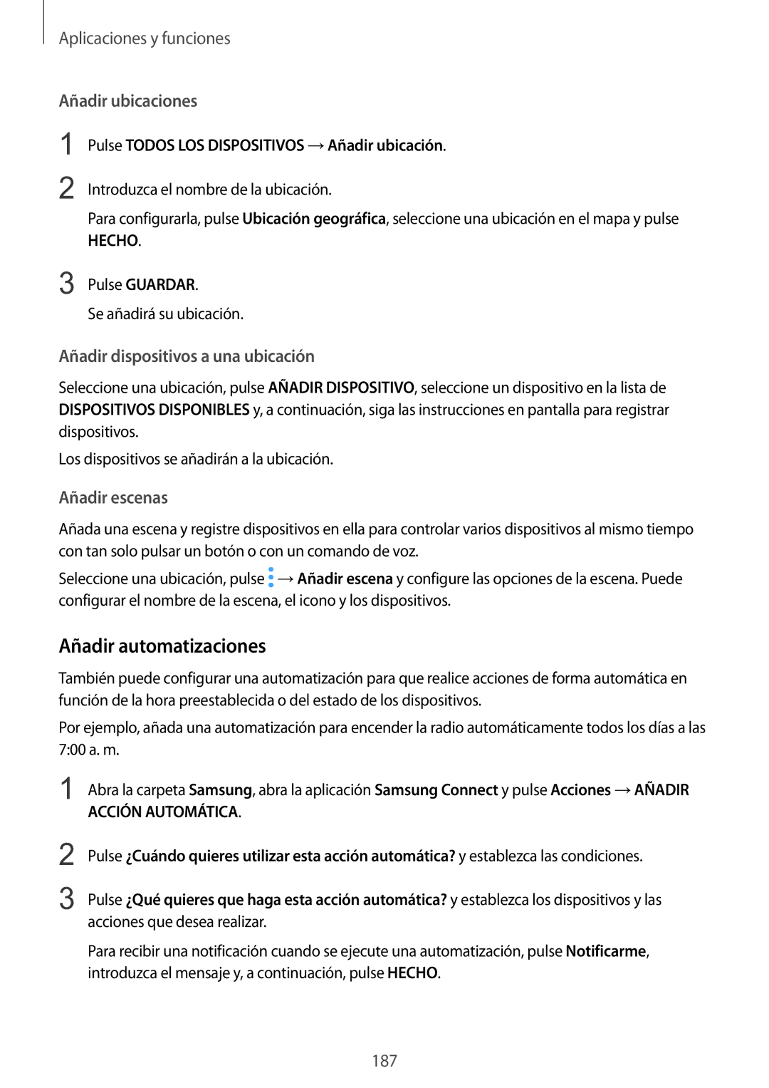Samsung SM-N950FZDAPHE Añadir automatizaciones, Añadir ubicaciones, Añadir dispositivos a una ubicación, Añadir escenas 