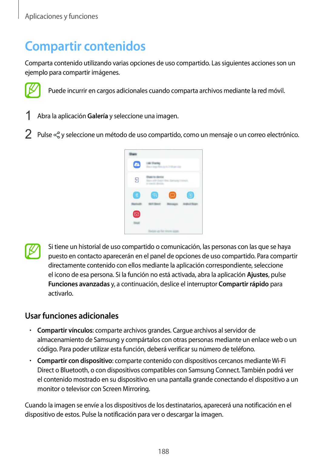 Samsung SM-N950FZKDPHE, SM-N950FZDDPHE, SM-N950FZKAPHE, SM-N950FZDAPHE manual Compartir contenidos, Usar funciones adicionales 