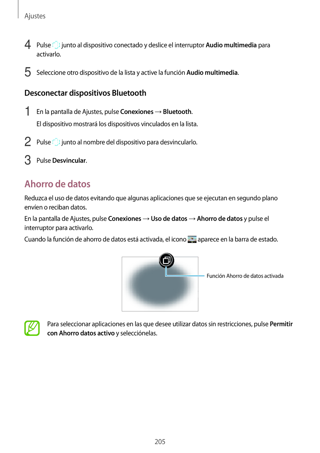 Samsung SM-N950FZDDPHE, SM-N950FZKDPHE manual Ahorro de datos, Desconectar dispositivos Bluetooth, Pulse Desvincular 