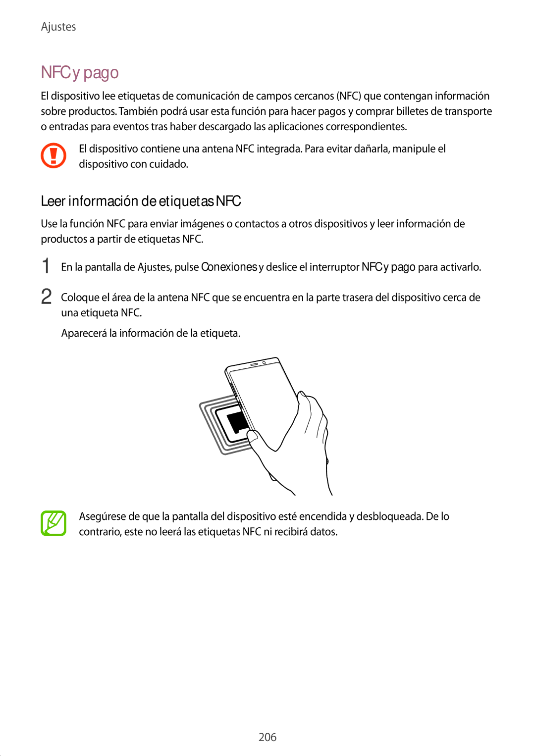 Samsung SM-N950FZKAPHE, SM-N950FZKDPHE, SM-N950FZDDPHE, SM-N950FZDAPHE manual NFC y pago, Leer información de etiquetas NFC 