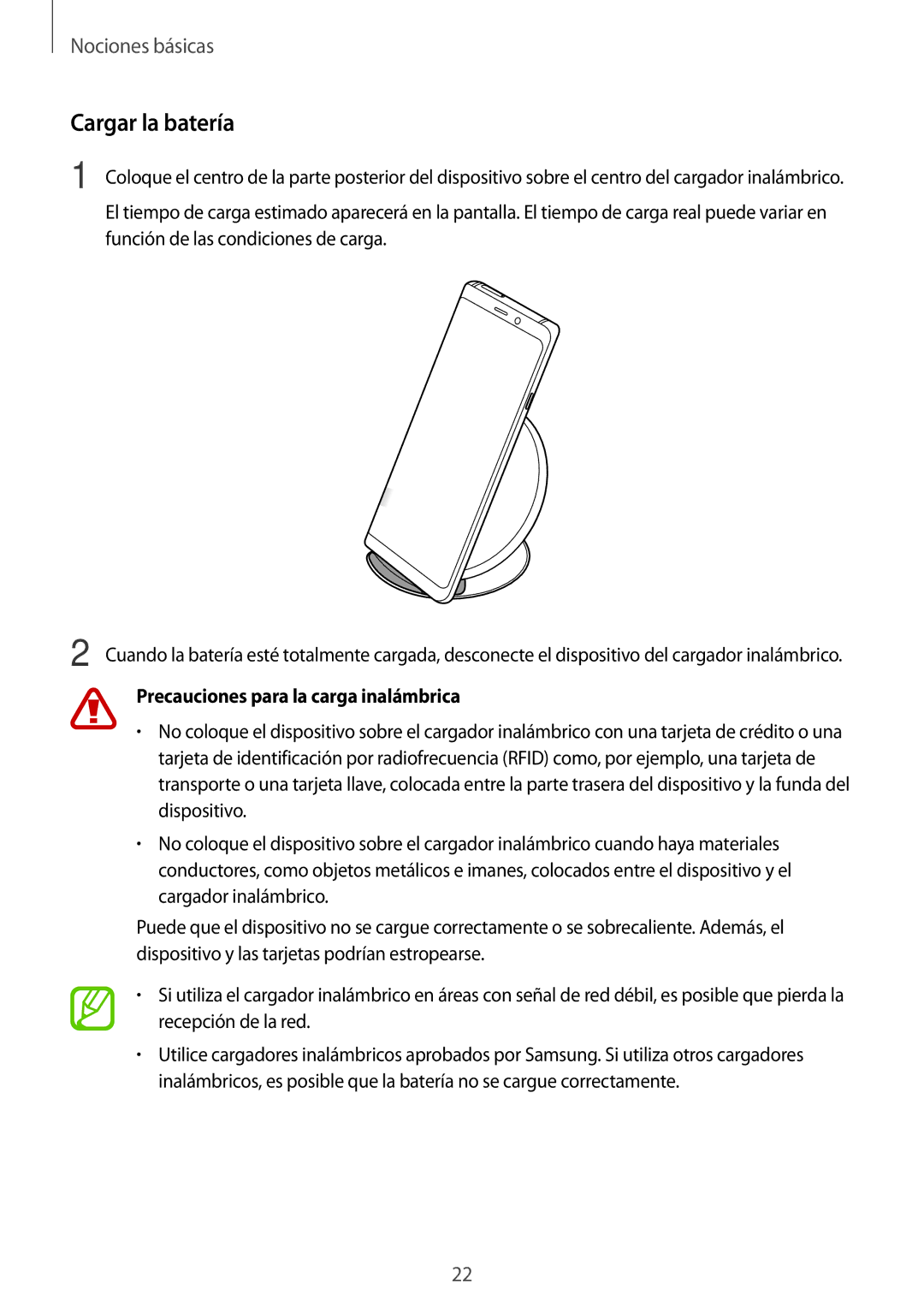 Samsung SM-N950FZKAPHE, SM-N950FZKDPHE, SM-N950FZDDPHE manual Cargar la batería, Precauciones para la carga inalámbrica 