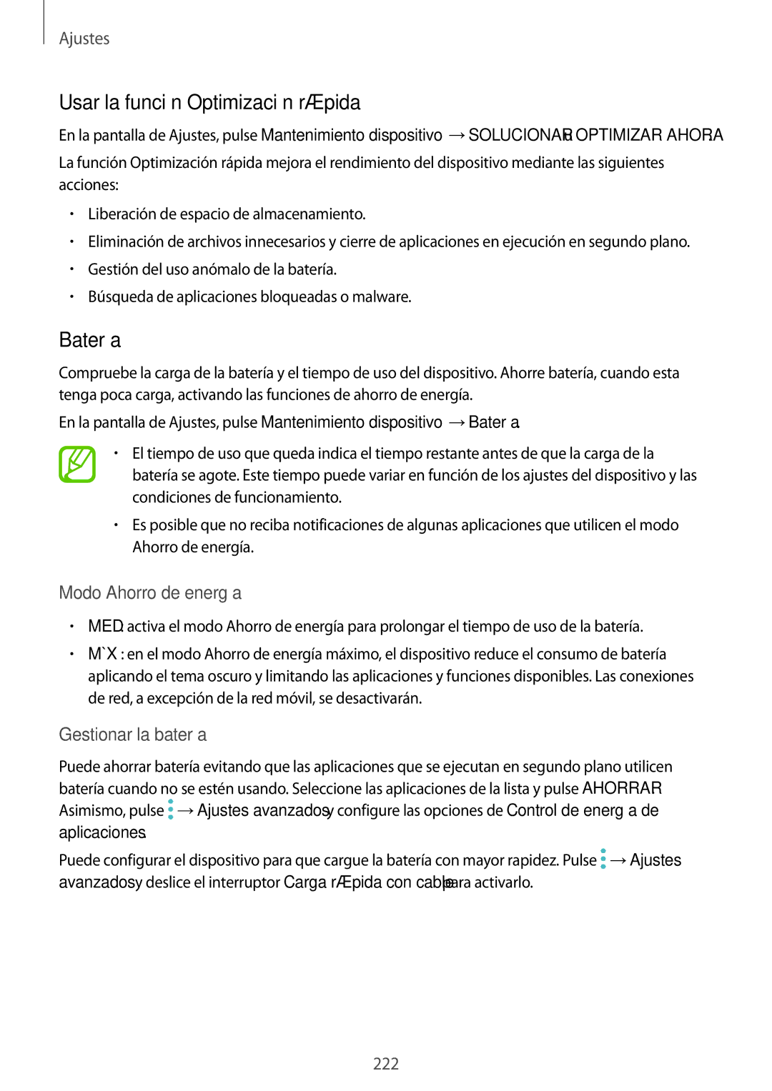 Samsung SM-N950FZKAPHE manual Usar la función Optimización rápida, Batería, Modo Ahorro de energía, Gestionar la batería 