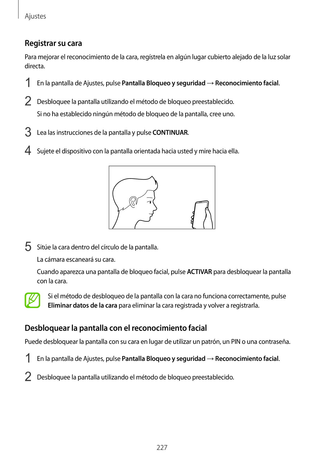 Samsung SM-N950FZDAPHE, SM-N950FZKDPHE manual Registrar su cara, Desbloquear la pantalla con el reconocimiento facial 