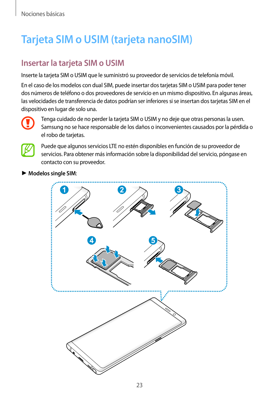 Samsung SM-N950FZDAPHE manual Tarjeta SIM o Usim tarjeta nanoSIM, Insertar la tarjeta SIM o Usim, Modelos single SIM 