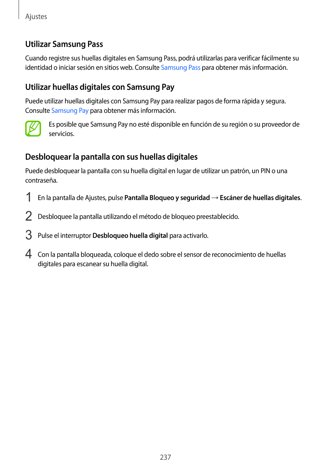 Samsung SM-N950FZDDPHE manual Utilizar huellas digitales con Samsung Pay, Desbloquear la pantalla con sus huellas digitales 