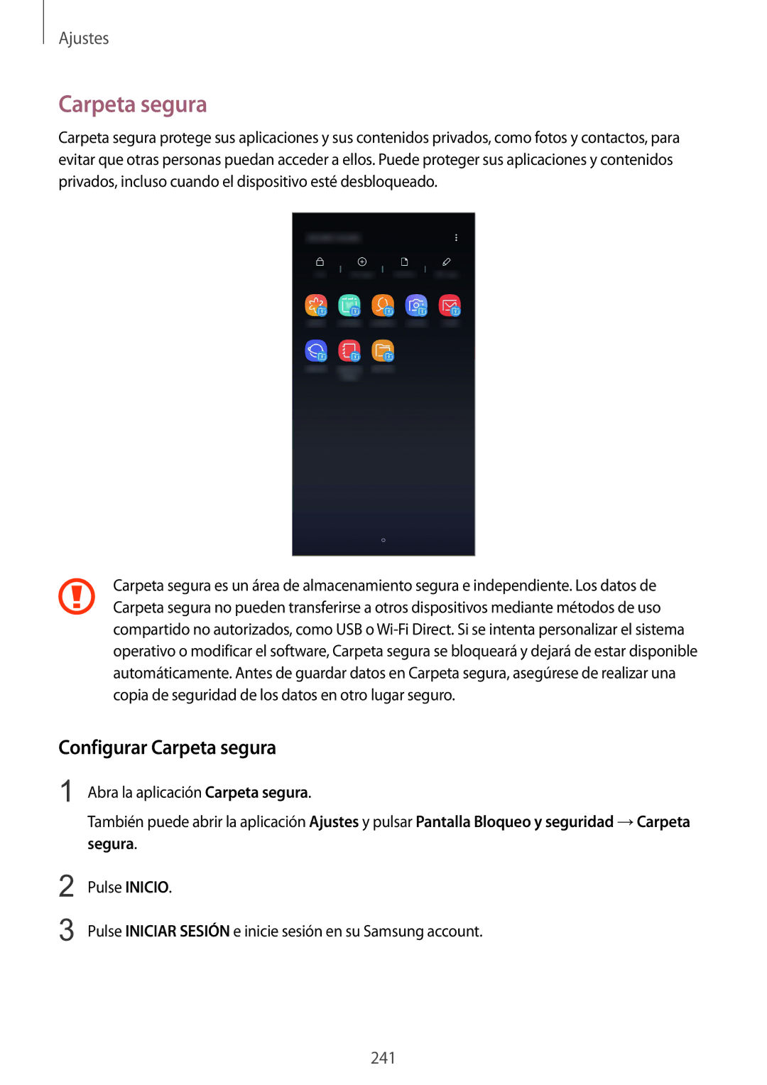 Samsung SM-N950FZDDPHE, SM-N950FZKDPHE, SM-N950FZKAPHE, SM-N950FZDAPHE manual Configurar Carpeta segura, Segura 