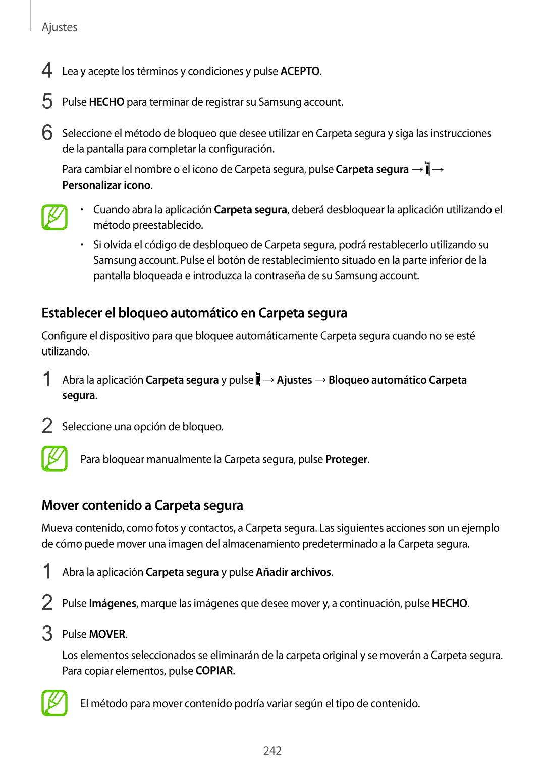 Samsung SM-N950FZKAPHE manual Establecer el bloqueo automático en Carpeta segura, Mover contenido a Carpeta segura 