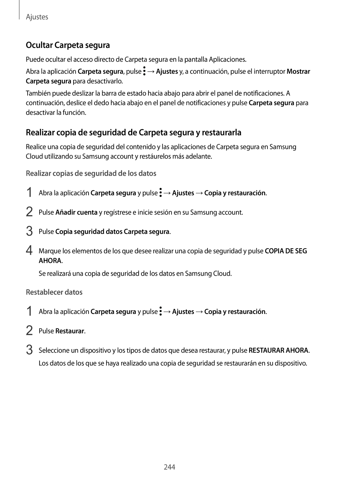 Samsung SM-N950FZKDPHE, SM-N950FZDDPHE Ocultar Carpeta segura, Realizar copia de seguridad de Carpeta segura y restaurarla 