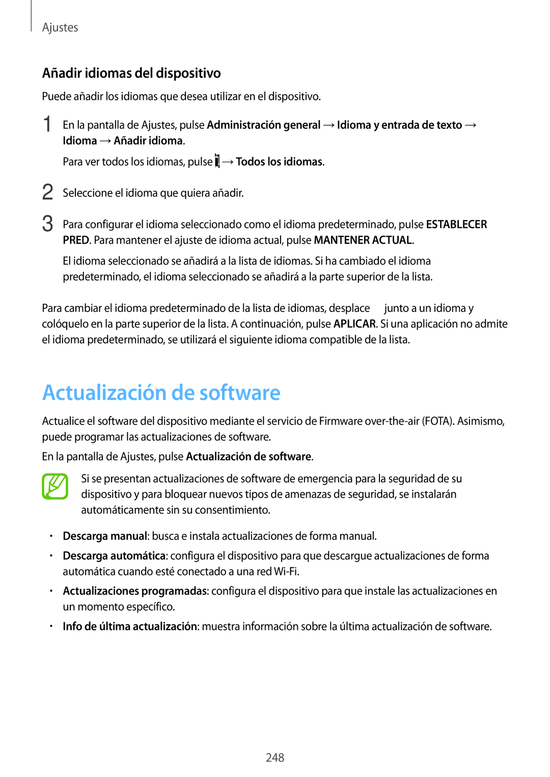 Samsung SM-N950FZKDPHE, SM-N950FZDDPHE, SM-N950FZKAPHE manual Actualización de software, Añadir idiomas del dispositivo 