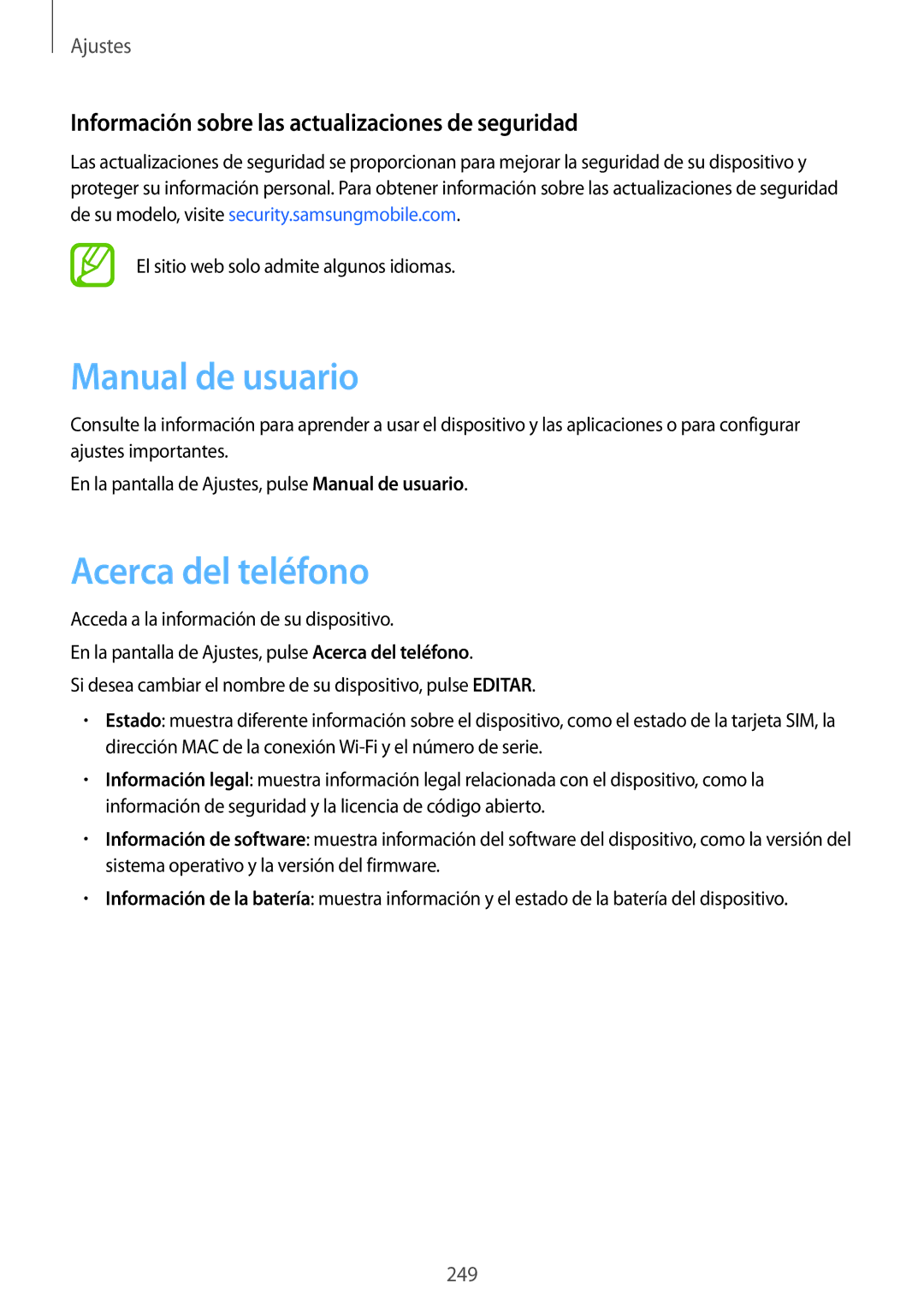 Samsung SM-N950FZDDPHE manual Manual de usuario, Acerca del teléfono, Información sobre las actualizaciones de seguridad 