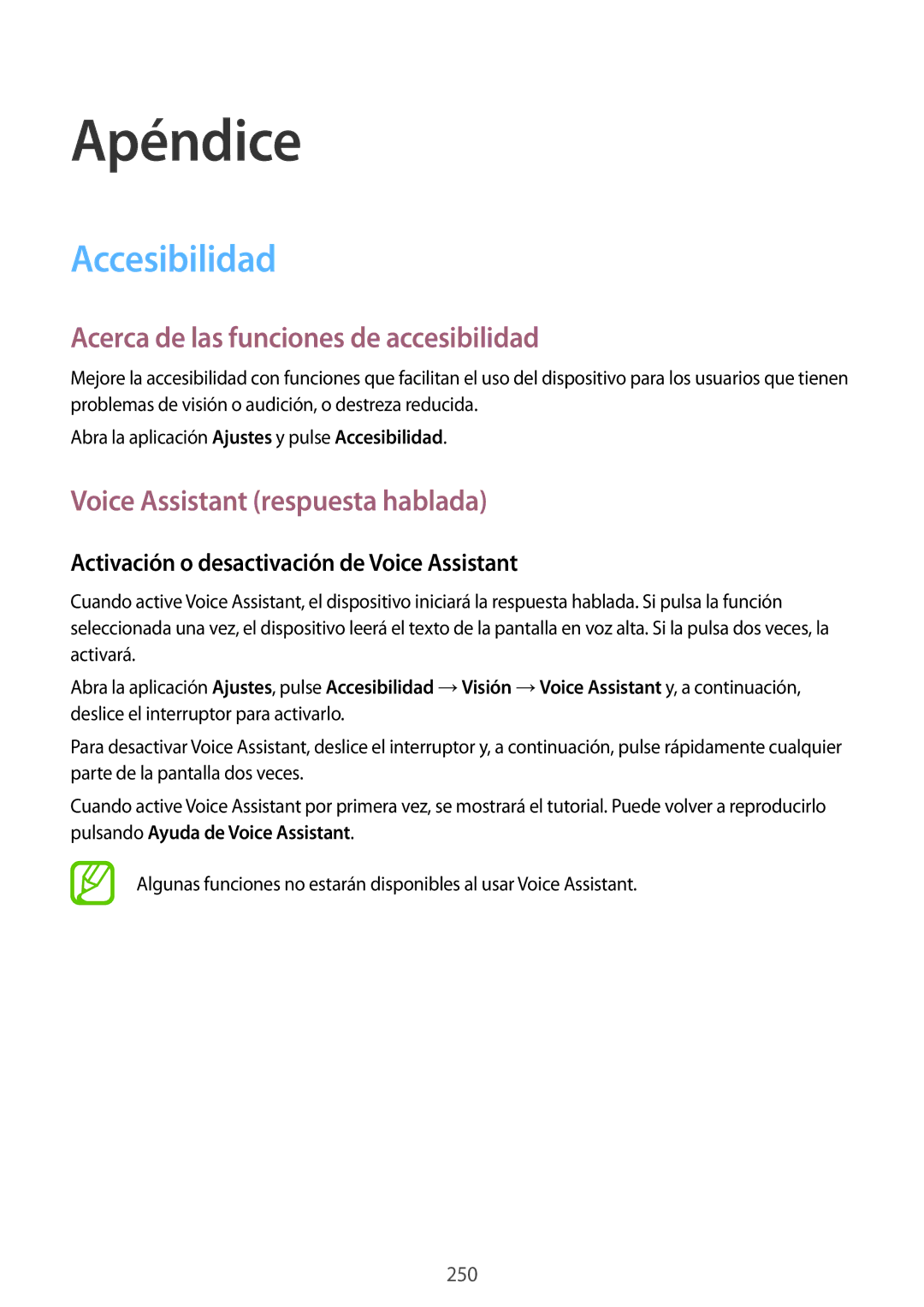 Samsung SM-N950FZKAPHE, SM-N950FZKDPHE manual Acerca de las funciones de accesibilidad, Voice Assistant respuesta hablada 