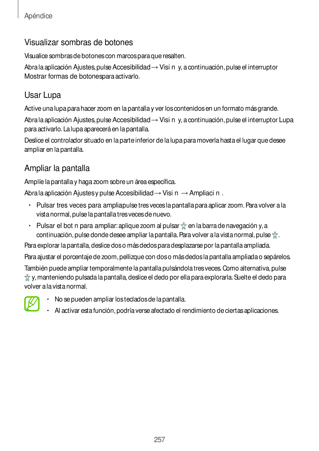Samsung SM-N950FZDDPHE, SM-N950FZKDPHE, SM-N950FZKAPHE manual Visualizar sombras de botones, Usar Lupa, Ampliar la pantalla 
