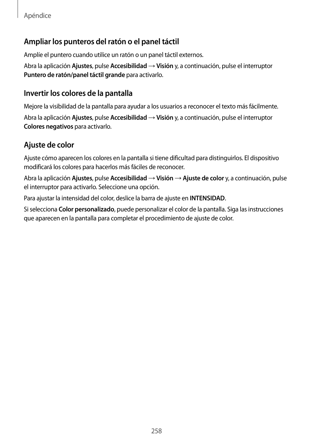 Samsung SM-N950FZKAPHE manual Ampliar los punteros del ratón o el panel táctil, Invertir los colores de la pantalla 