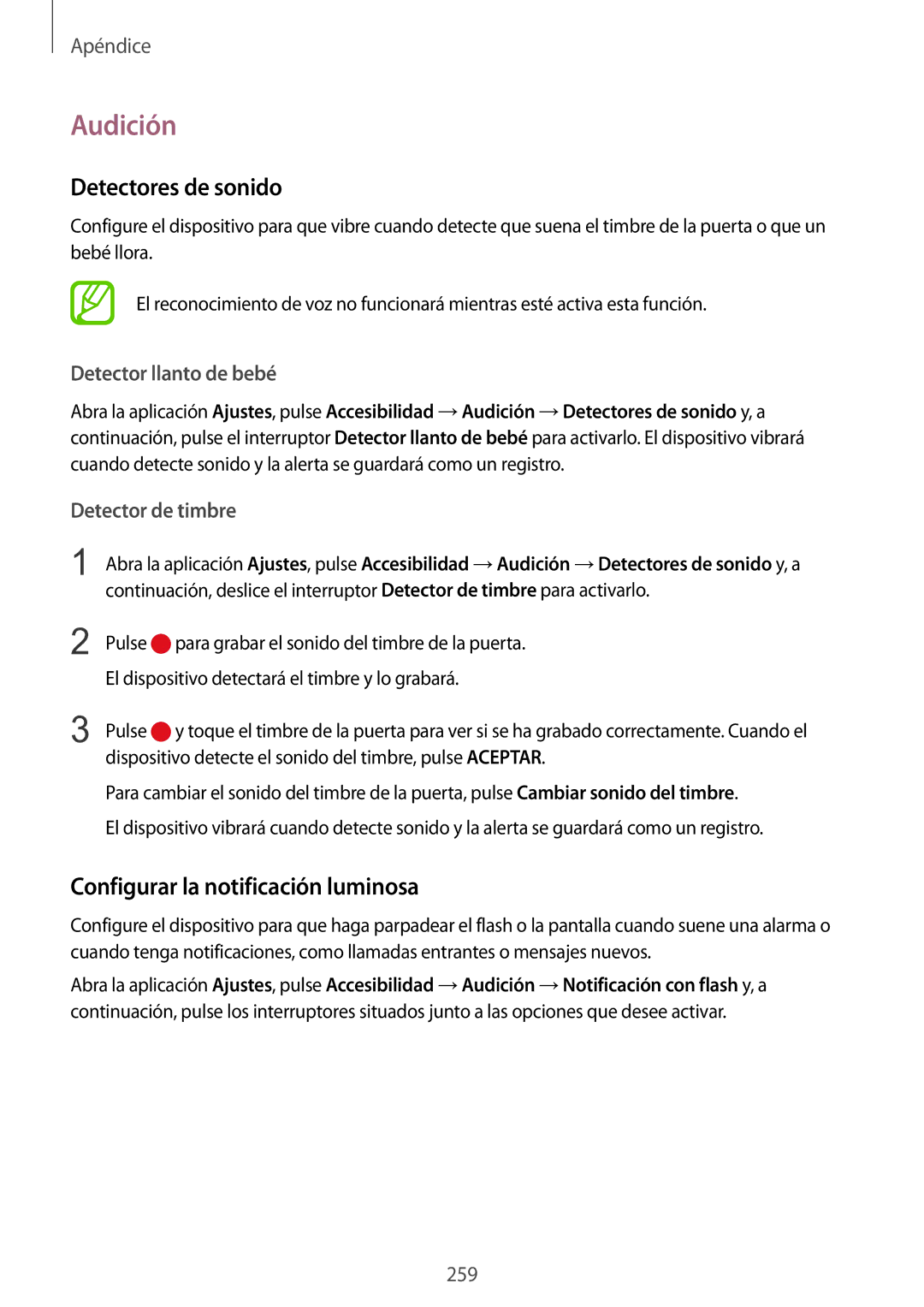 Samsung SM-N950FZDAPHE manual Audición, Detectores de sonido, Configurar la notificación luminosa, Detector llanto de bebé 