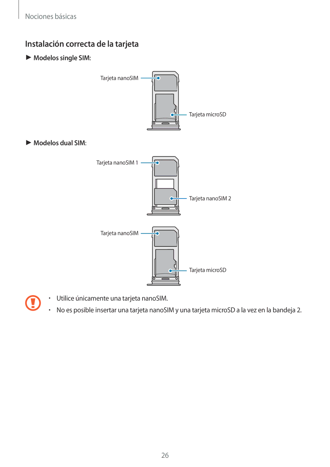 Samsung SM-N950FZKAPHE, SM-N950FZKDPHE, SM-N950FZDDPHE manual Instalación correcta de la tarjeta, Modelos single SIM 