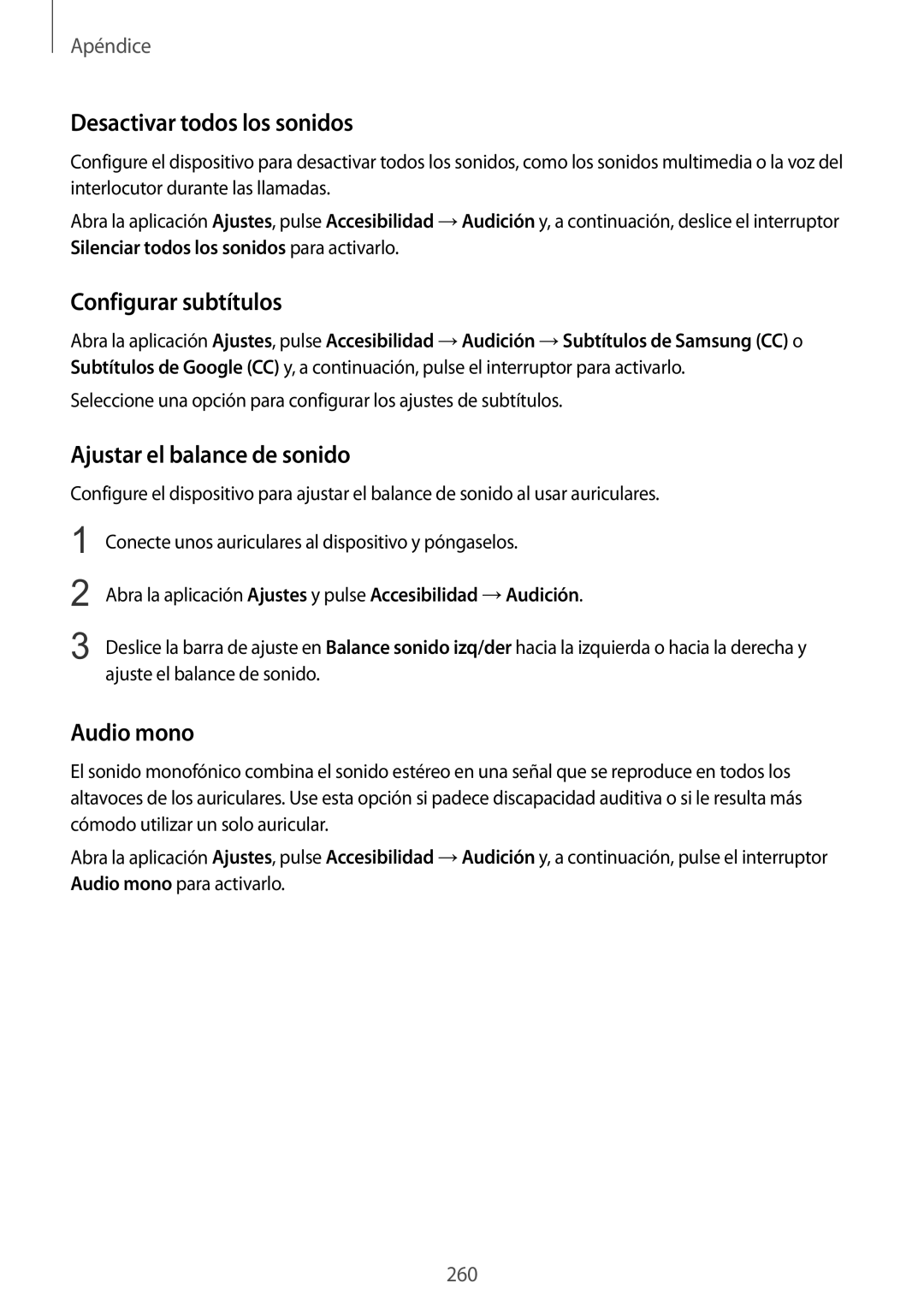 Samsung SM-N950FZKDPHE manual Desactivar todos los sonidos, Configurar subtítulos, Ajustar el balance de sonido, Audio mono 