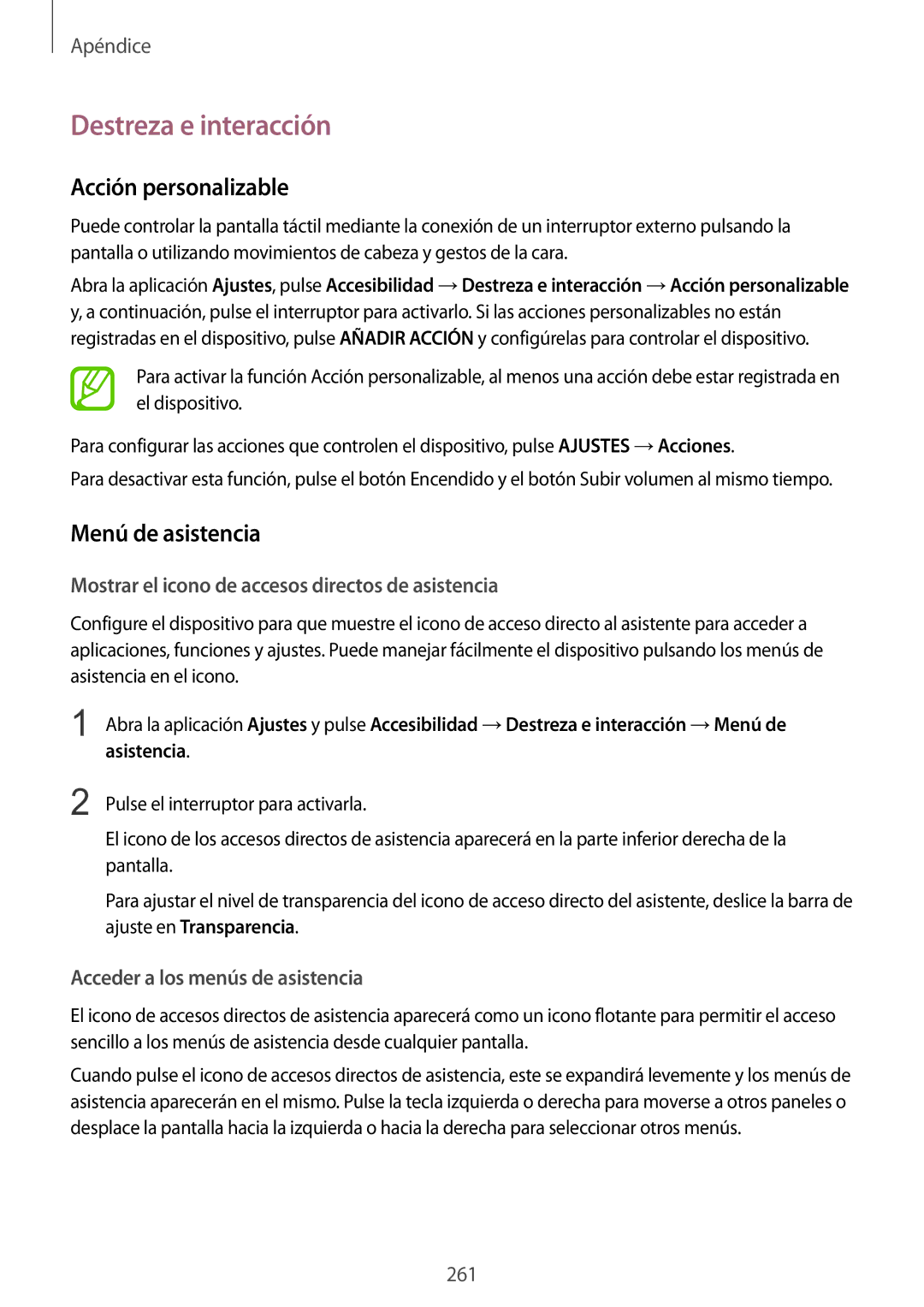 Samsung SM-N950FZDDPHE, SM-N950FZKDPHE, SM-N950FZKAPHE Destreza e interacción, Acción personalizable, Menú de asistencia 