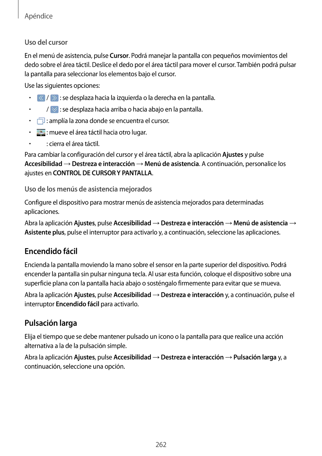 Samsung SM-N950FZKAPHE, SM-N950FZKDPHE manual Encendido fácil, Uso del cursor, Uso de los menús de asistencia mejorados 