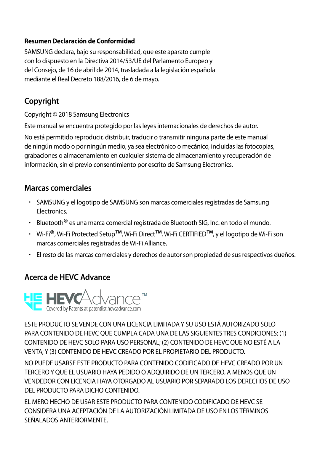 Samsung SM-N950FZKAPHE manual Copyright, Marcas comerciales, Acerca de Hevc Advance, Resumen Declaración de Conformidad 