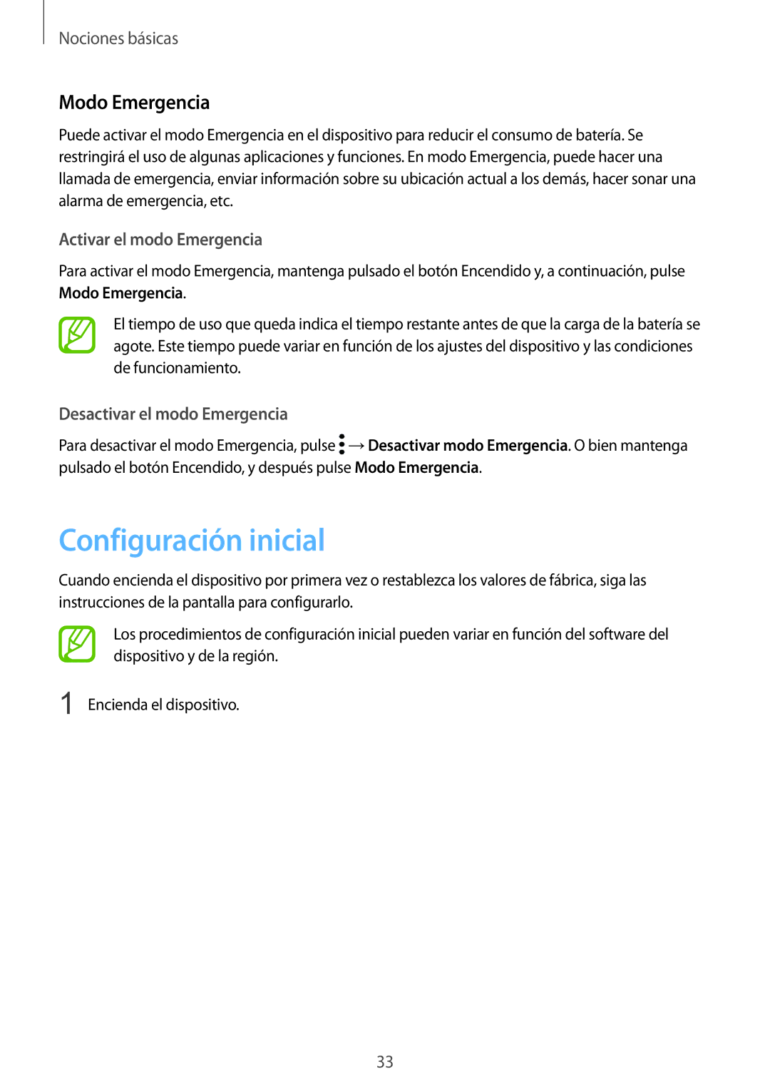 Samsung SM-N950FZDDPHE Configuración inicial, Modo Emergencia, Activar el modo Emergencia, Desactivar el modo Emergencia 