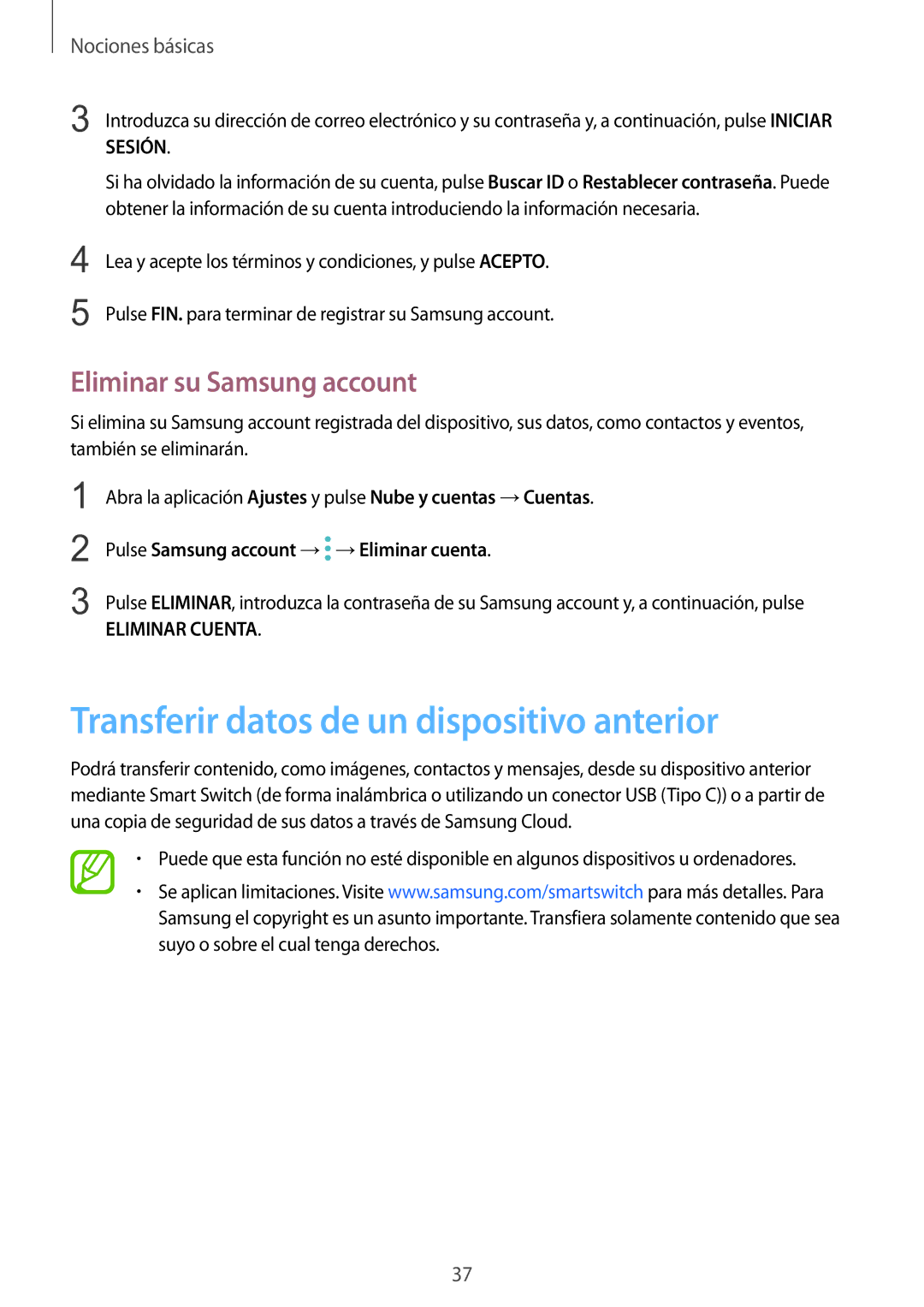 Samsung SM-N950FZDDPHE, SM-N950FZKDPHE manual Transferir datos de un dispositivo anterior, Eliminar su Samsung account 