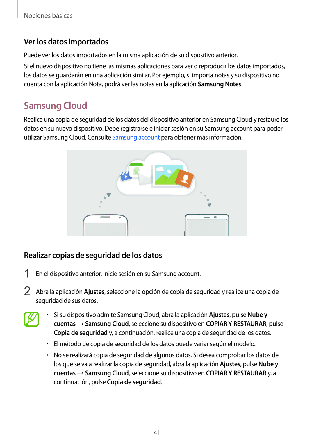 Samsung SM-N950FZDDPHE, SM-N950FZKDPHE Samsung Cloud, Ver los datos importados, Realizar copias de seguridad de los datos 