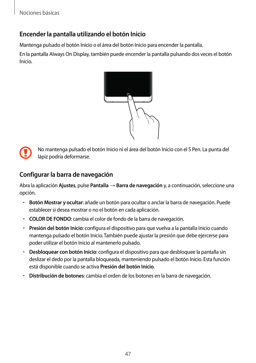 Samsung SM-N950FZDAPHE, SM-N950FZKDPHE Encender la pantalla utilizando el botón Inicio, Configurar la barra de navegación 