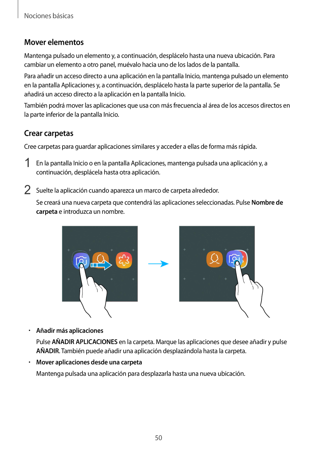 Samsung SM-N950FZKAPHE Mover elementos, Crear carpetas, Añadir más aplicaciones, Mover aplicaciones desde una carpeta 