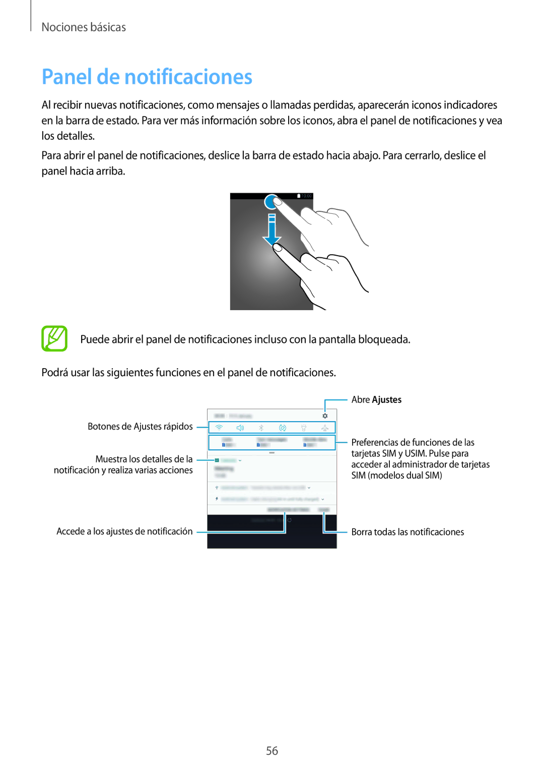 Samsung SM-N950FZKDPHE, SM-N950FZDDPHE, SM-N950FZKAPHE, SM-N950FZDAPHE manual Panel de notificaciones, Abre Ajustes 