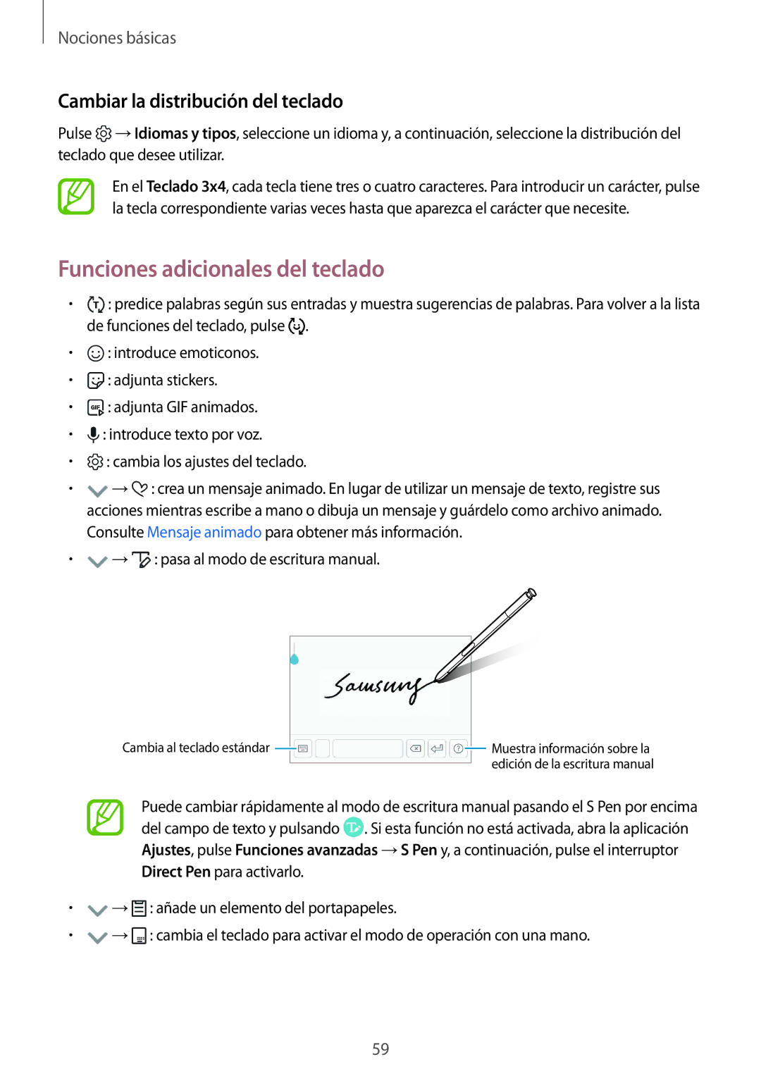 Samsung SM-N950FZDAPHE, SM-N950FZKDPHE manual Funciones adicionales del teclado, Cambiar la distribución del teclado 