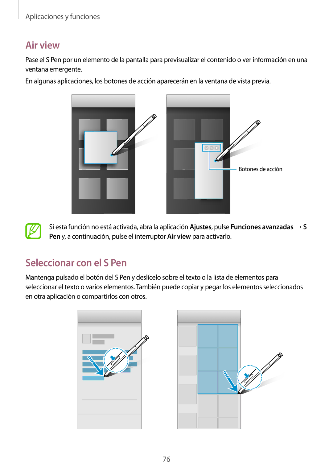 Samsung SM-N950FZKDPHE, SM-N950FZDDPHE, SM-N950FZKAPHE, SM-N950FZDAPHE manual Air view, Seleccionar con el S Pen 