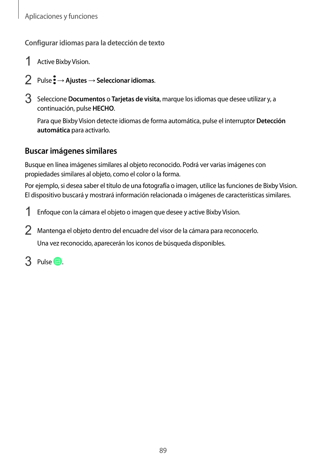 Samsung SM-N950FZDDPHE manual Buscar imágenes similares, Configurar idiomas para la detección de texto, Active Bixby Vision 